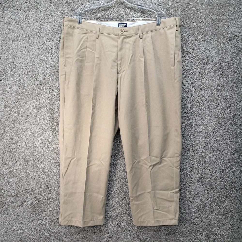 Lands End Mens 42 Traditional Fit Pleated Chino Pants Khaki Tan Cotton